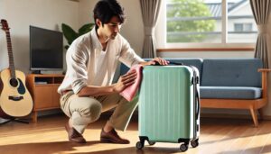 スーツケースの汚れを拭いて手入れをする男性