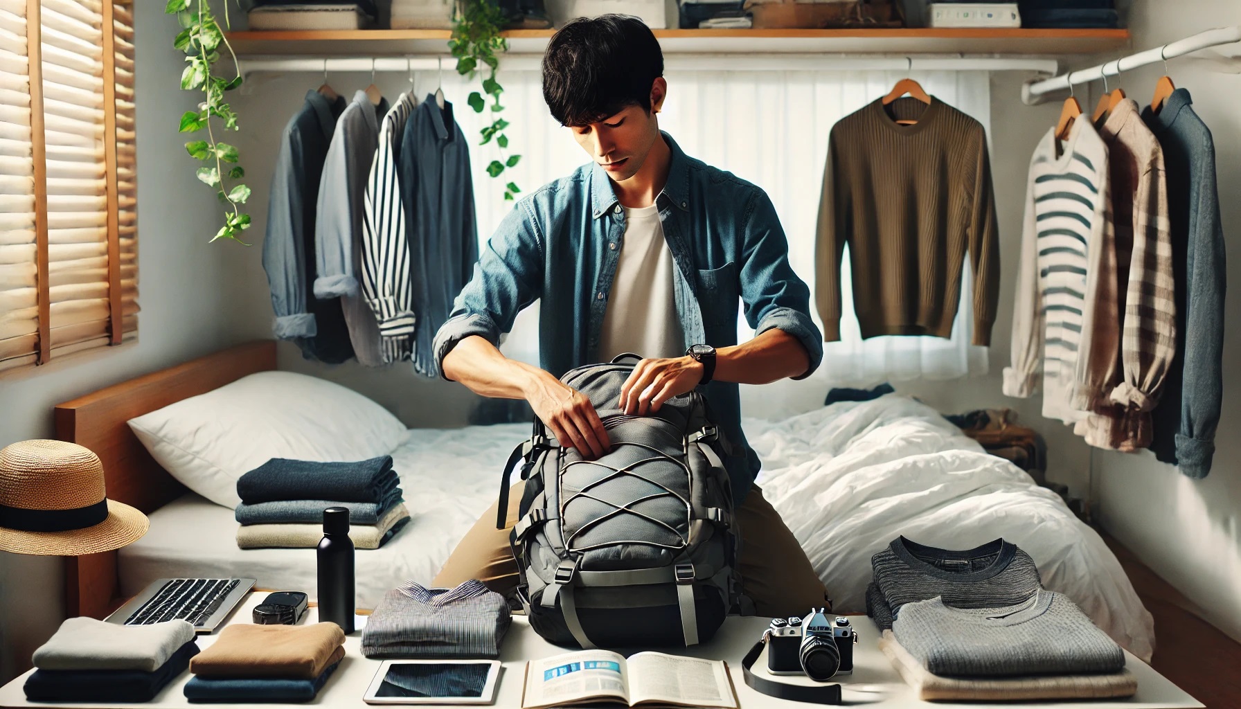 リュック、バックパックにパッキング荷造りする男性