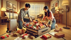 海外旅行の帰り、パッキング、お土産がスーツケースに入らないカップル