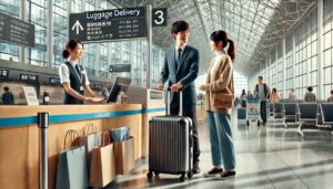 空港の宅配サービスを利用するカップル