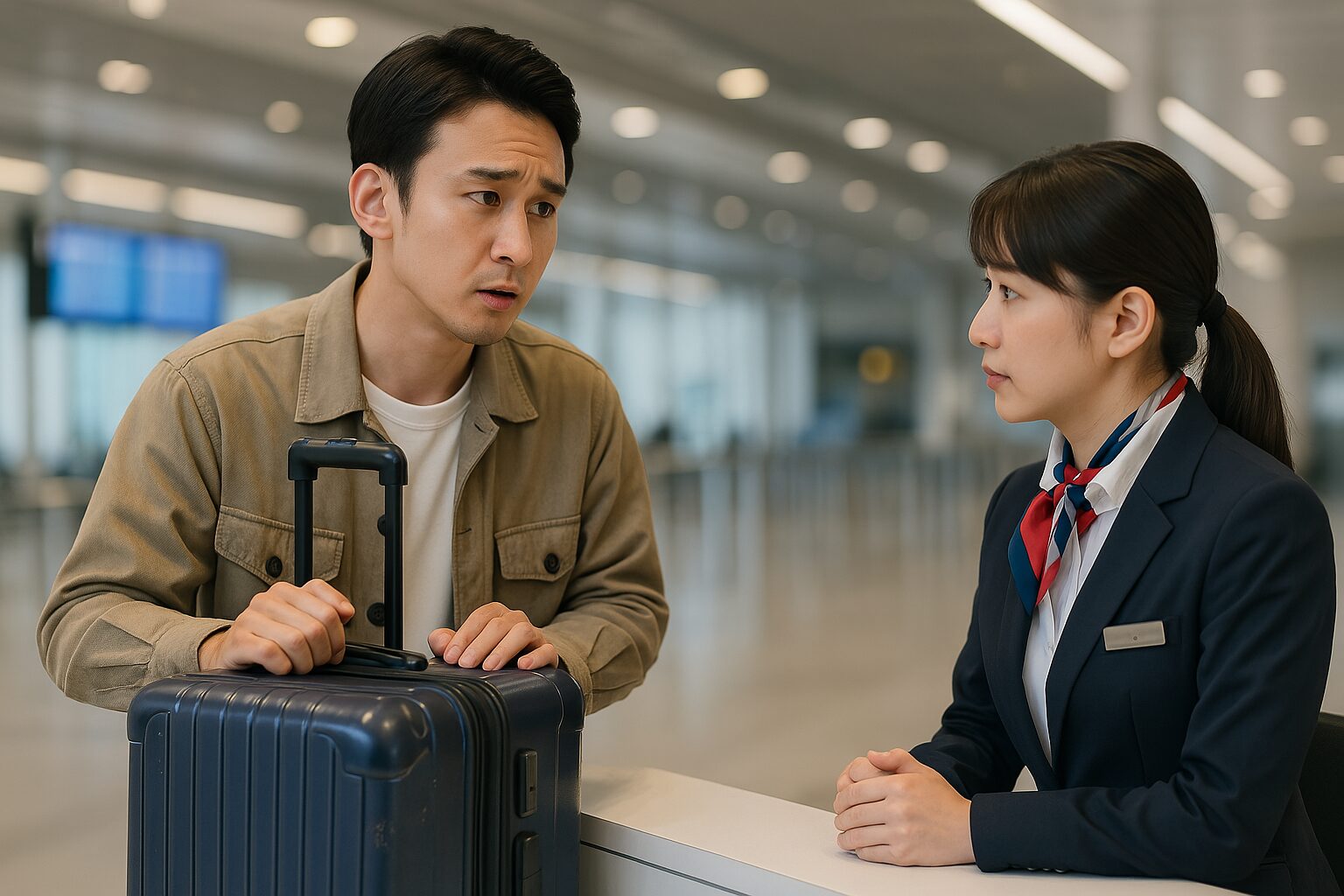 スーツケースが壊れてしまい、空港の手荷物カウンターで相談をする男性