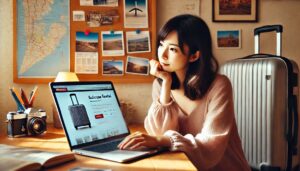 スーツケースレンタルのサイトを見て考える女性