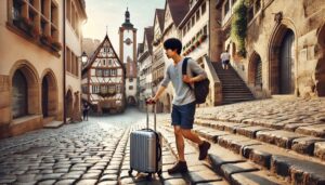 ヨーロッパ旅行でスーツケースを引きながら観光する人
