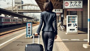 出張する女性、スーツケースを持って歩く後ろ姿
