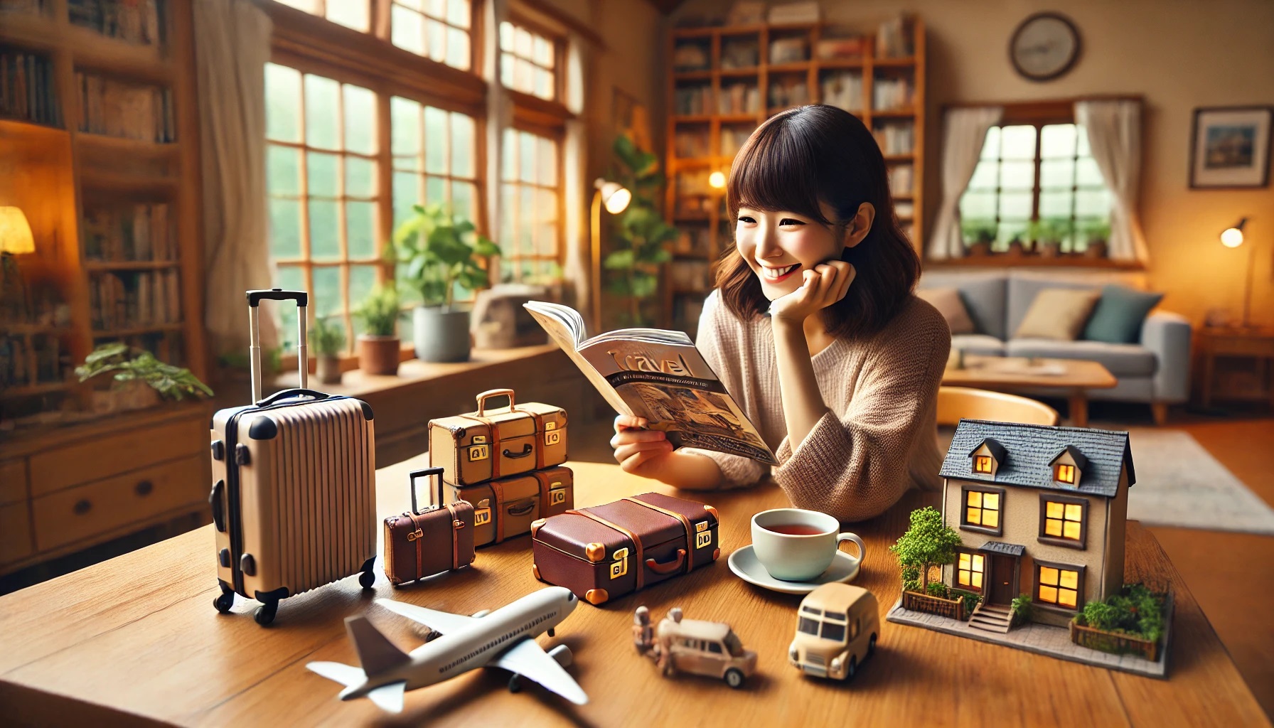 旅行のガイドブックを見て楽しそうな女性