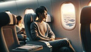 飛行機内で窓の外を眺める男性