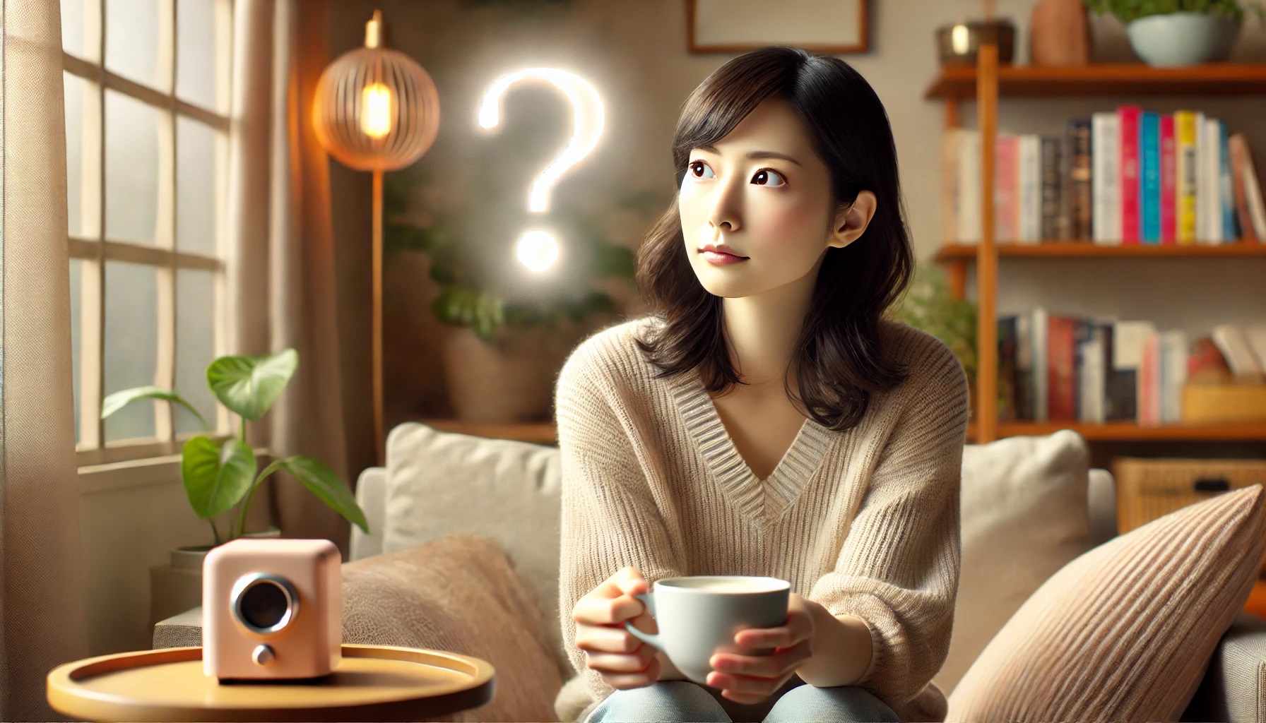 何かに疑問を感じ、ハテナ？な表情で考え事をする女性