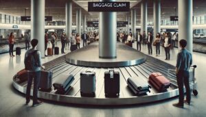 空港のターンテーブル、スーツケースや自分の荷物を探す人たち