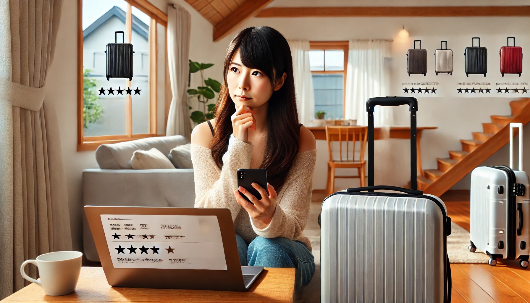 スーツケースの口コミサイトやＳＮＳで評判を調べている女性