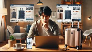 スーツケースの口コミサイトやＳＮＳで評判を調べている男性