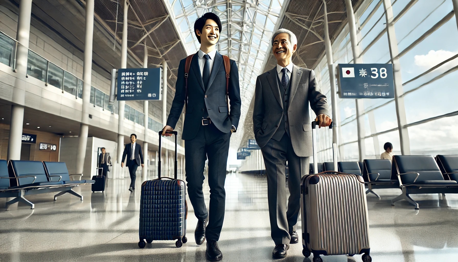 スーツケースを持ち空港内を歩く若いビジネスマンと年配の男性