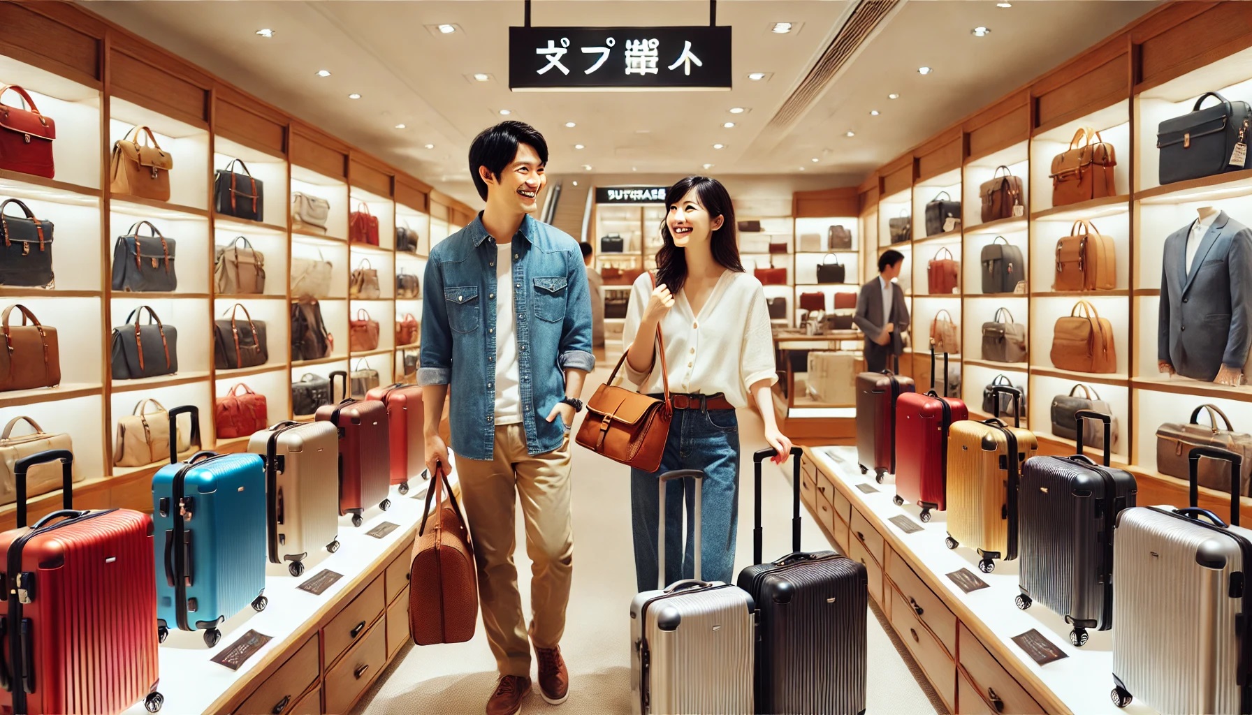 百貨店や店舗のスーツケース売り場、商品を選ぶカップル