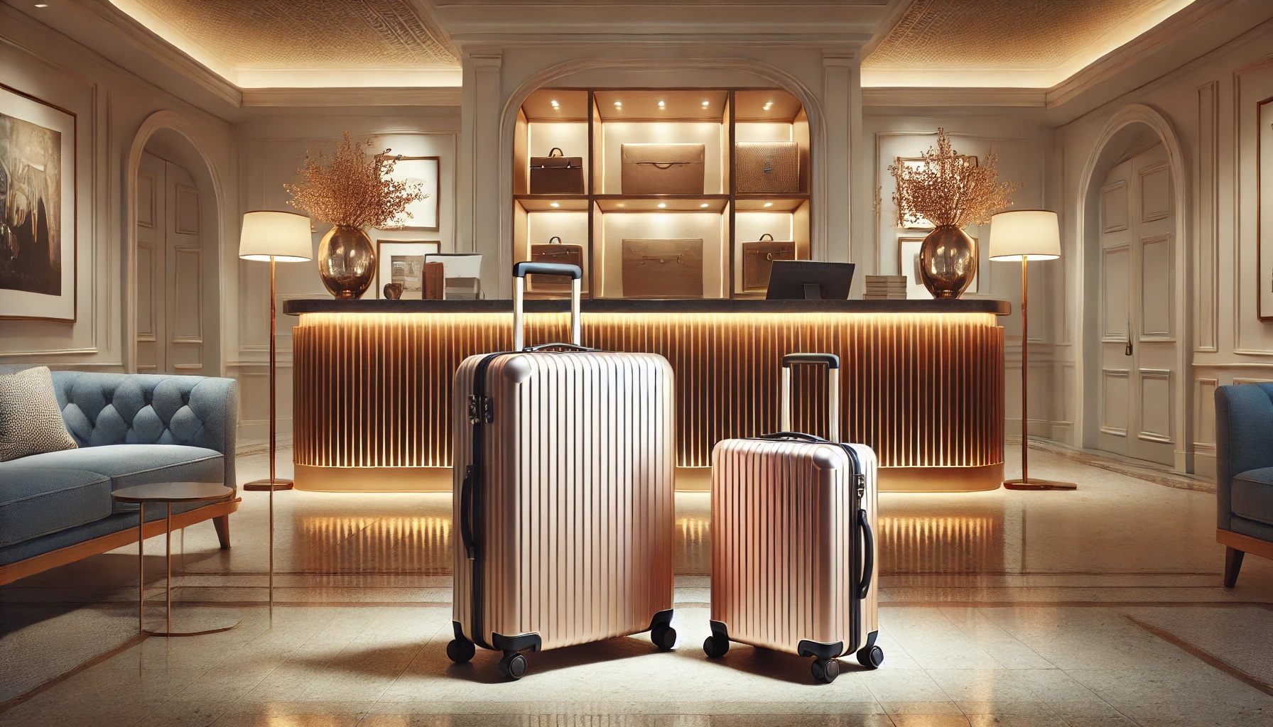 シャンパンゴールドとピンクシャンパンゴールドのスーツケース、ホテルフロントにて