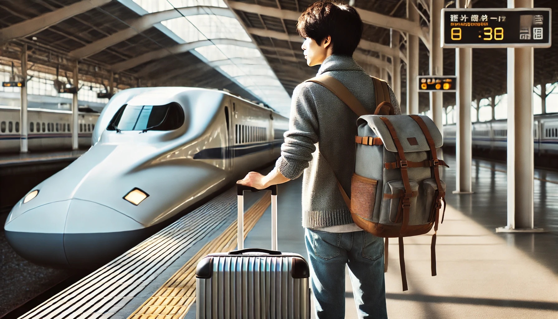 スーツケースとリュックを持って新幹線に搭乗する男性、駅のホーム