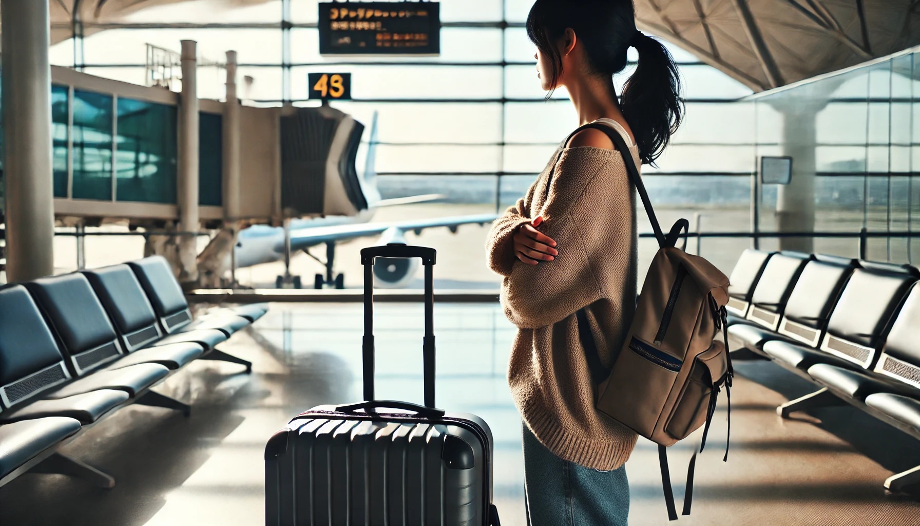 スーツケースとリュックを持って飛行機に搭乗する女性