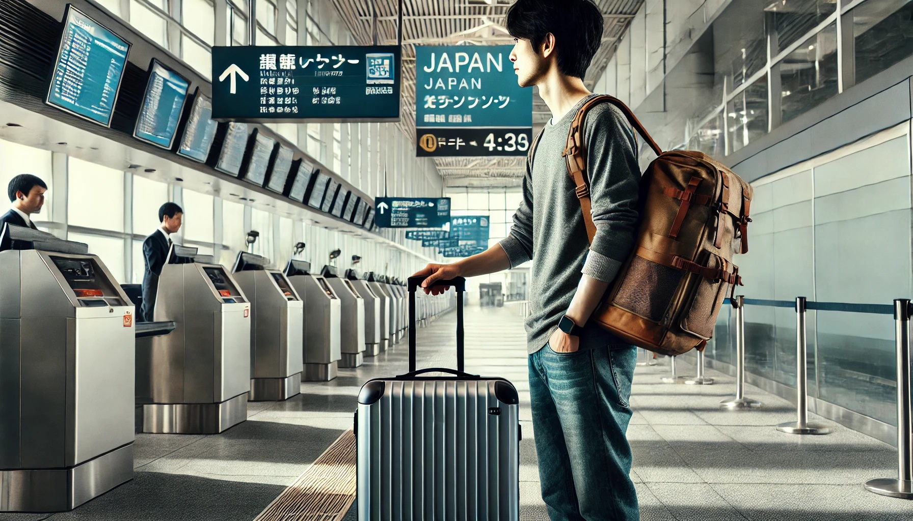 スーツケースとリュックを持って飛行機に搭乗する男性