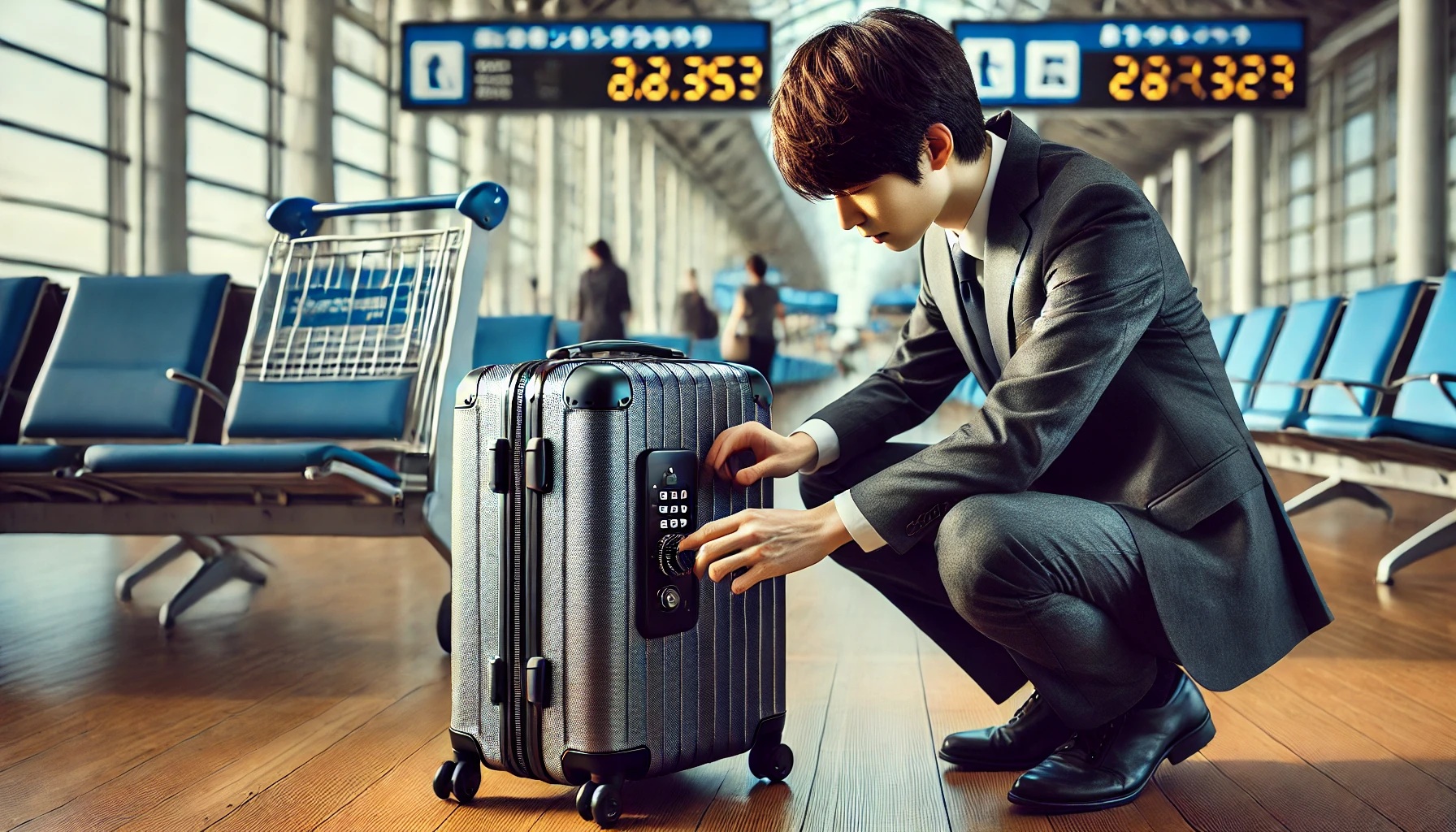 スーツケースの鍵、ロックを開けようとする男性