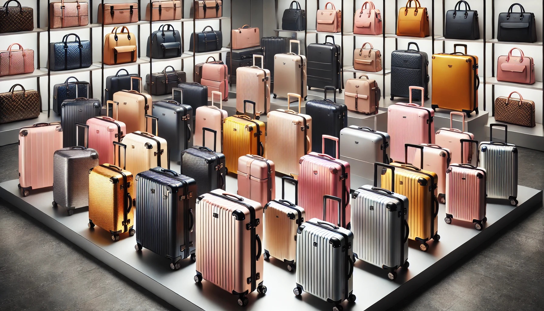 スーツケースやビジネスバッグのカラーバリエーション、色選び、百貨店のカバン売り場にて