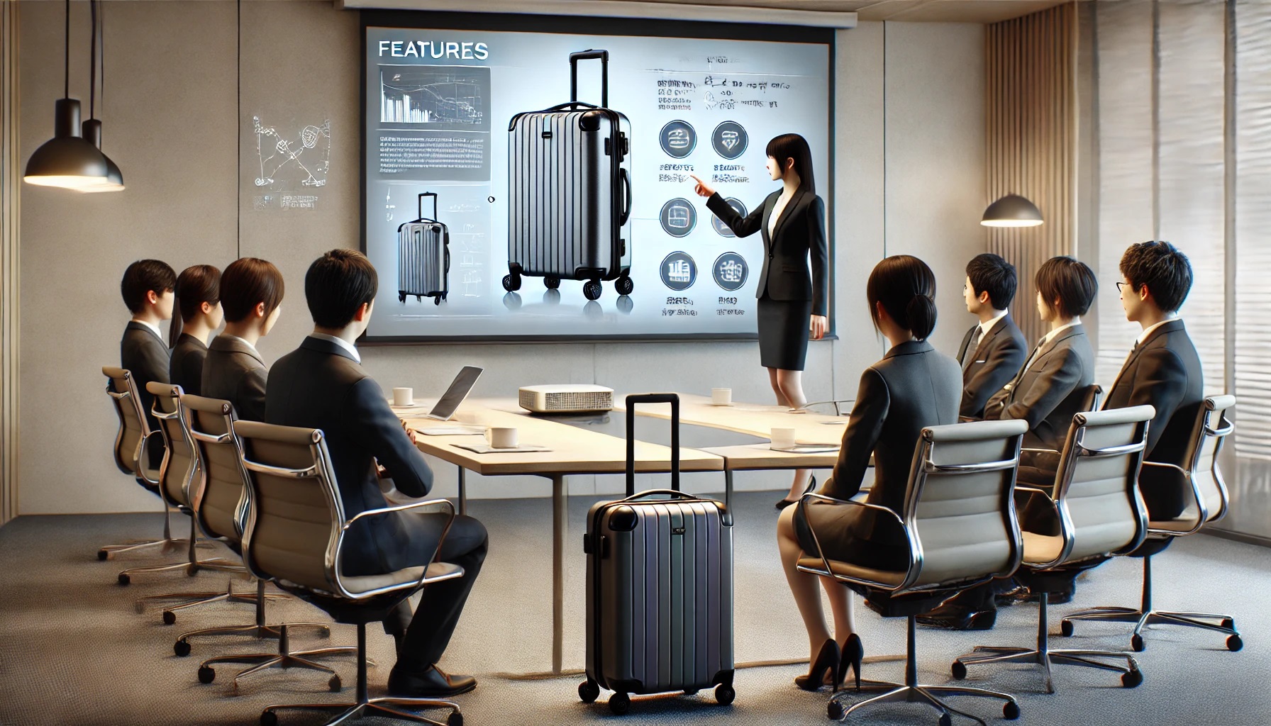 スーツケースメーカー、機能や特徴を説明する女性