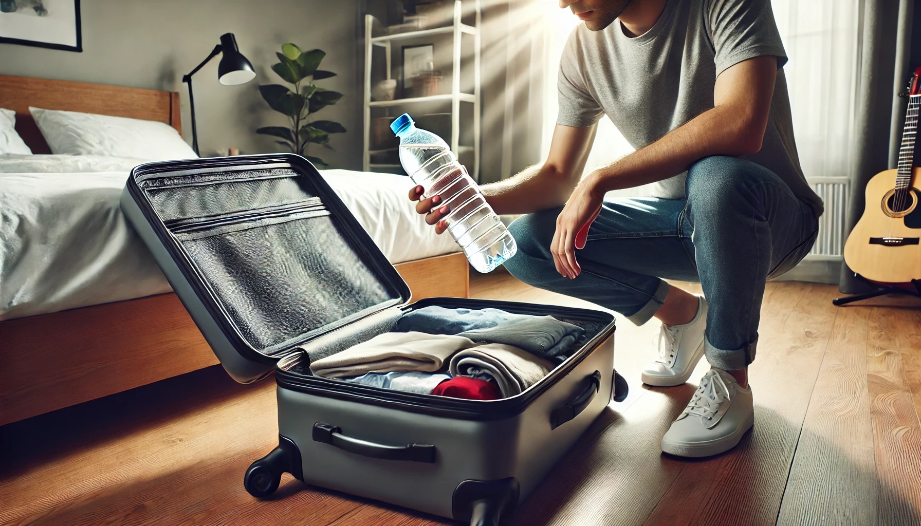 
ペットボトルの水をスーツケースにパッキングする男性