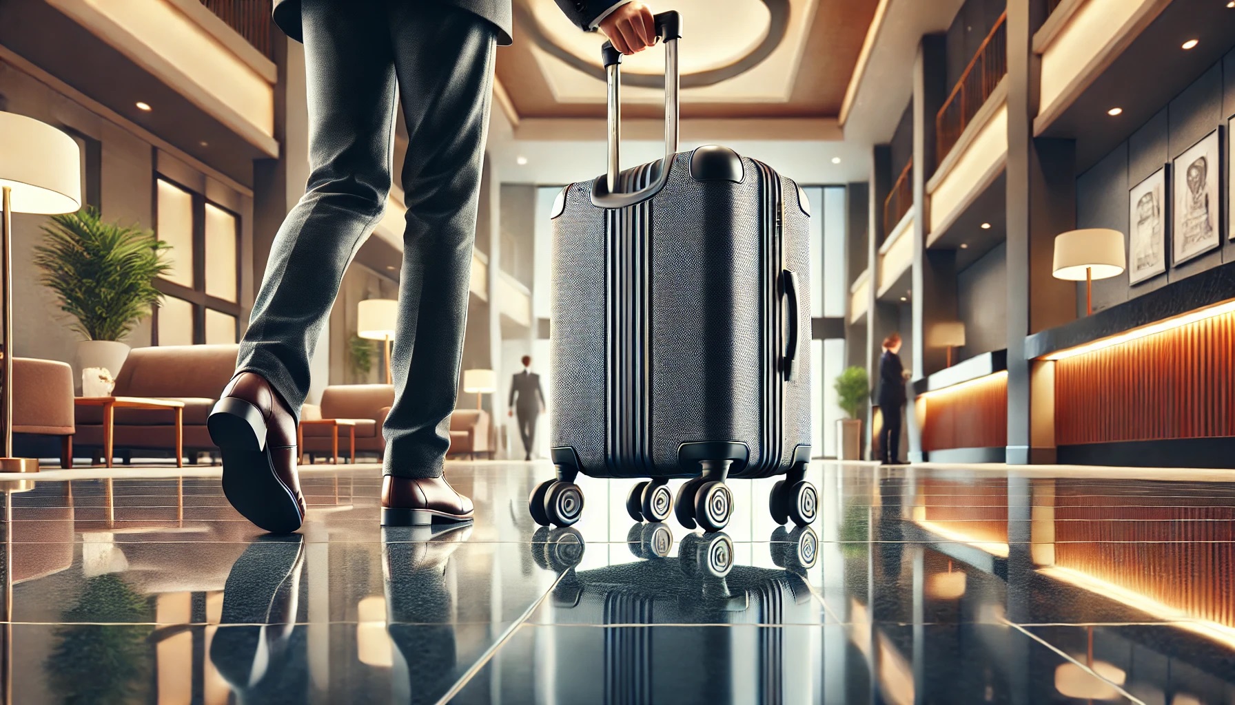 ホテルロビーをスーツケースを引いて歩く男性、スーツケースキャスター