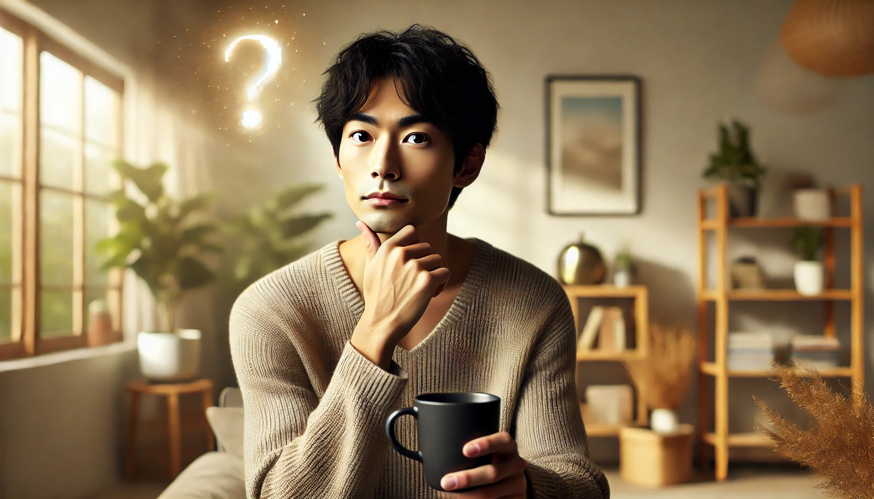 何かに疑問を感じ、ハテナ？な表情で考え事をする男性