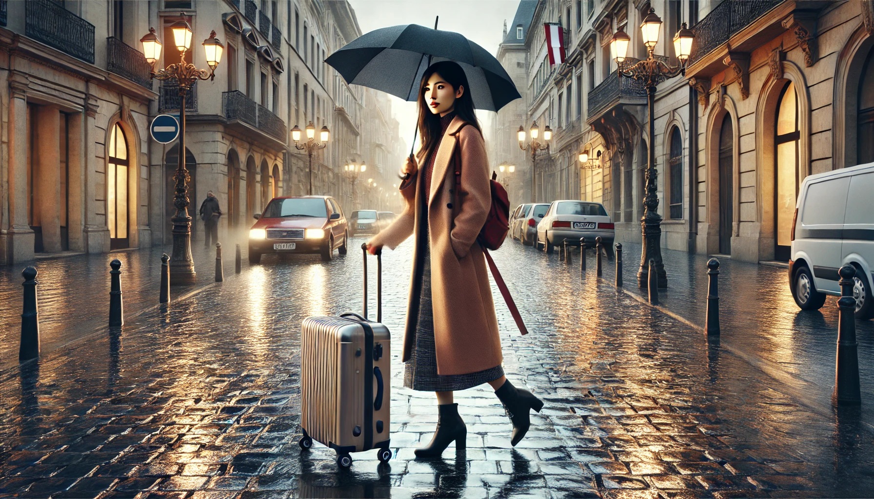 海外旅行先、雨が降る中スーツケースで歩く女性.