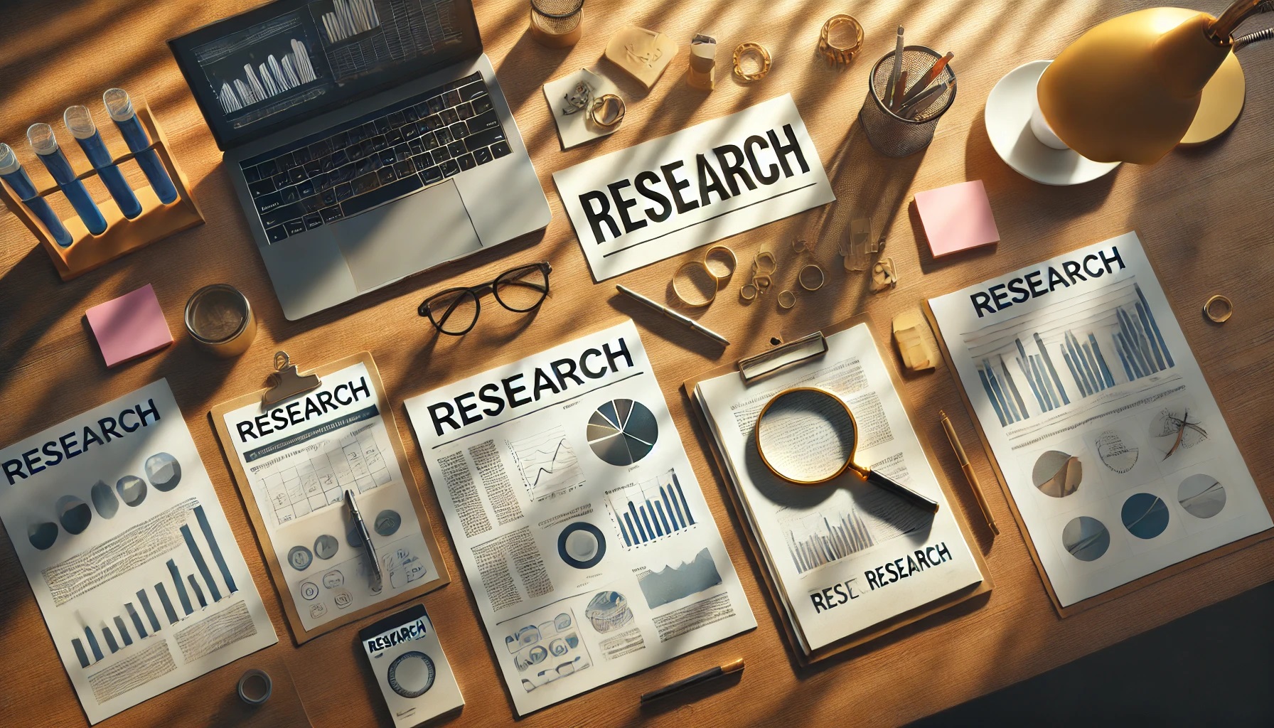 調査、リサーチの書類が置かれた机